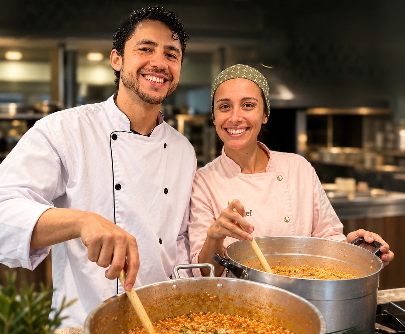 Chefs Jackson e Camila Cassilha sorrindo enquanto preparam risoto em grandes panelas